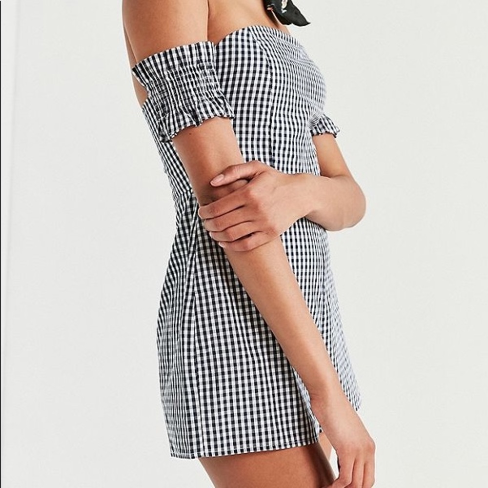 off the shoulder gingham romper
